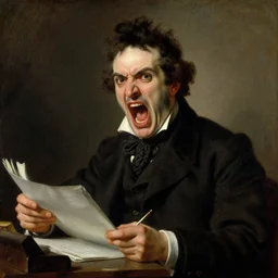 very angry franz schubert composing his new masterpiece while screaming loudly with wide open mouth, a very detailed oil painting, by josef kriehuber, classical oil painting, fine artstyle, from louvre