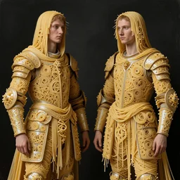 fully featured siamese twins made of spaghetti, intricate armor made of fractals of spagetthi, highly detailed, by giuseppe arcimboldo and ambrosius benson, renaissance, a touch of beksinski, realistic, high definition