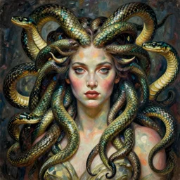 portrait of a strong medusa with many pythons by egon schiele in the style of greg rutkowski