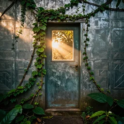 sunrise in a tropical jungle, lighting a door that is overgrown with vines, leaves on the ground, small window with a light inside, sun rays, beautiful steel wall covered in geometric artwork, extreme detail, 8k