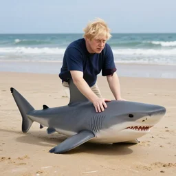 boris johnson riding a shark at the beach