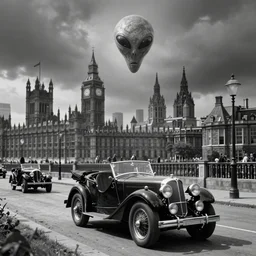 1930s London being invaded by aliens, black and white photograph
