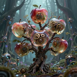 intricate mechanical translucent apples with visible gears and components inside, growing off a tree, on the background of a weird magical mechanical forest. Very detailed 8k. Fantasy cyberpunk horror. Sharp. Cinematic post-processing