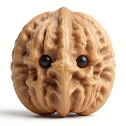 a stern round large walnut with two stern eyes and a mouth without a nose, looks with condemnation, white background, artgerm