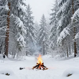 winter wonderland, fantasy, white color pallet, campfire, forest trees covered in snow, extremely detailed, by bob ross, falling snow, trending on artstation, 8 k