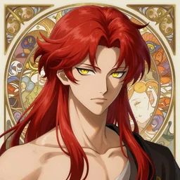 portrait of hisoka morow hunter hunter, male, sharp jaw yellow eyes narrow sultry eyes red hair soft bunched hair swept back crimson medium length hair, anime, fantasy, intricate, elegant, highly detailed, digital painting, artstation sharp focus, madonna rebel heart art by artgerm and greg rutkowski and alphonse mucha
