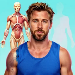 ryan gosling, accurate anatomy, highly detailed, digital art, centered, portrait, colored vibrantly, in the style of hotline miami