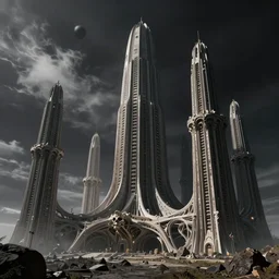 moody landscape, exoplanet, abandoned alien megastructure designed by hr giger, towering skeletal temple skyscrapers, complex parametric architecture, peter gric, zaha hadid, post industrial, beksinski, kubrick, black clouds, octane render, cinematic,