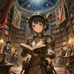 cute steampunk artificer with a polygonal library walls and glass ceilings showing the stars and hanging silk drapery and tapestries, light dust, magnificent, close up, details, sharp focus, elegant, highly detailed, illustration, by Jordan Grimmer and greg rutkowski and PiNe(パイネ) and 薯子Imoko and 香川悠作 and wlop and maya takamura, intricate, beautiful, Trending artstation, pixiv, digital Art
