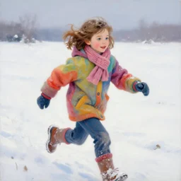 an eleven year old girl with short wavy curly light brown hair and blue eyes wearing colorful winter clothes is running in a snowy field. beautiful painting by artgerm and greg rutkowski