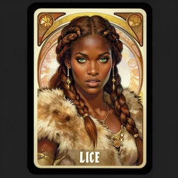 collectible card of beautiful barbarian queen, dark brown skin, braided brown hair, green eyes, pelt coats, high fantasy, dnd, smooth, sharp focus, illustration, by rossdraws, alphonse mucha, frank fanzzeta,