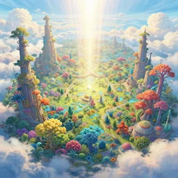 the landscape of an unimaginable and beautiful place made of light with all types of colorful vegetation in the clouds, an ultrafine hyperdetailed illustration by kim jung gi, irakli nadar, intricate linework, bright colors, octopath traveler, final fantasy, unreal engine 5 highly rendered, global illumination, radiant light, detailed and intricate environment