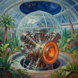 a cinematic view of the inside of a fractal combustion engine, large indoor greenhouse with exotic plants, retrofuturism, scifi art, oil on canvas, biodome, stars in the sky above