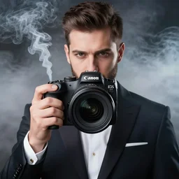 Man wearing classy tuxedo inside cloud of smoke, beard, eyes, Canon EOS R3, details, f/1.4, ISO 200, 1/160s, 8K, RAW, unedited