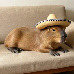 expressive capybara with a sombrero, lying down on a couch, light on camera right below the eyeline, wide shot