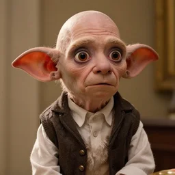 Jeff Bezos as Dobby, pointy ears, looking scared, 4k movie shot,