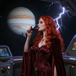 a highly detailed matte painting of a red haired vampire sorceress, drinking wine, standing in a space station and looking at jupiter, sci fi and fantasy, viewed in profile from far away, crackling black lightning, ultrawide lens, art by artgerm and greg rutkowski and alphonse mucha, volumetric lighting, octane render, 4 k resolution, trending on artstation, masterpiece