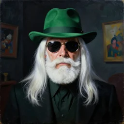 artist and actor kevin page from robocop film. white beard and moustache. green hat. dark room. portrait. photorealistic. incredible. dramatic. surrealistic painting. 7 0 s photo. cool sunglasses. long white hair. dark room. crazy artist.