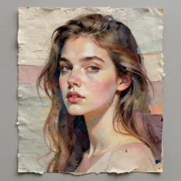 half-lenght portrait of a woman. matte mixed media paper collage in soft pastel tones. fabric textures. matte background HD