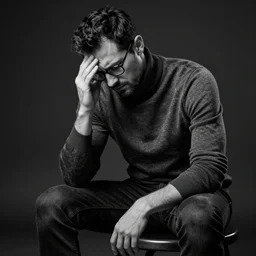 black and white, studio photograph of a male italian artist wearing glasses sitting on a stool wearing a turtleneck, anxiety and depression, intricate, elegant, highly detailed, hyper realistic, dark background, flickr, smooth, sharp focus, shot by national geographic
