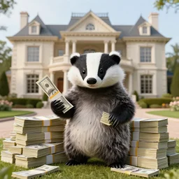 anthropomorphic badger billionaire posing with his massive stacks of money in his beautiful mansion