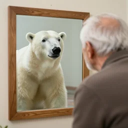 an old man staring at the mirror but only seeing a polar bear in his reflection