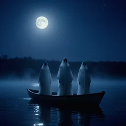 ghosts on boat on the middle of lake, fog, moon, night sky, stars, deep blue mood, by stanley kubrick