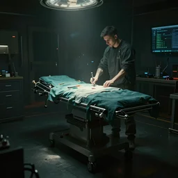ripper doc surgery table. underground. lowlight. diffuse ambience. darkness Cyberpunk 2077. CP2077. 3840 x 2160