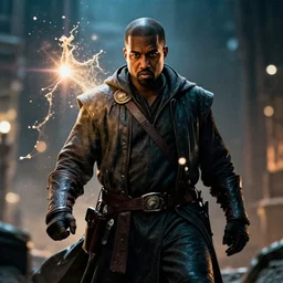 kanye west as a wizard wizard in gears of war, superhero, splash art, movie still, cinematic lighting, ray tracing, octane render, long lens, shallow depth of field, bokeh, anamorphic lens flare, 8 k, hyper detailed, 3 5 mm film grain
