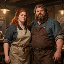 an epic fantasy comic book style portrait painting of a hearty man with a big belly and thick beard and large woman who are a couple in a tavern with them both wearing aprons, unreal 5, daz, hyperrealistic, octane render, cosplay, rpg portrait, dynamic lighting