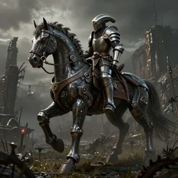 gears of war alien knight in medieval plate armor on a giant mechanical horse, the feeling of magical grimdark magic power and dispair, on a dark swampy bsttlefield, high quality, detailed, 8 k, unreal engine, octane render, trending on artstation