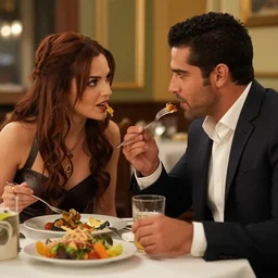 lucu lawless as xena warrior princess eating at a restaurant with a handsome cuban man wearing a suit