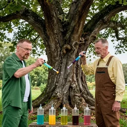 a deciption of walter white and jesse pinkman injecting coloured liquids into the oldest tree of the world : : walter white face, jesse pinkman in overall, jesse pinkman face, cgsociety, photorealistic, cinematic, breaking bad scene, full shot, 8 k