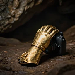 a golden metallic plate gauntlet is sitting in a dark cave, clear focus, bokeh effect, high res, hasselblad, dslr, professional, cinematic