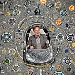 a laughing Elon Musk sitting in a Tesla, the car is in deep space and heading for a massive sun,