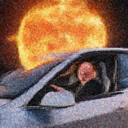 a laughing Elon Musk sitting in a Tesla, the car is in deep space and heading for a massive sun,