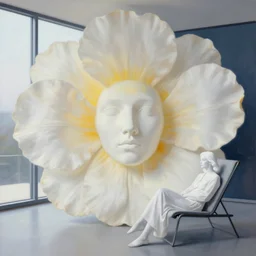 closeup, huge flower face, white woman sitting on lounge chair by a modern window, surreal photography, studio light, impressionist painting, digital painting, artstation, simon stalenhag