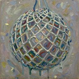 palette knife painting of a close up of a three - dimensional thick impasto oil painting of netting seen through netting seen through netting, seen through complex globular texture, lines of dripping oil paint cover nearly everything, painted by monet signac and frank auerbach, background thick encrusted paint