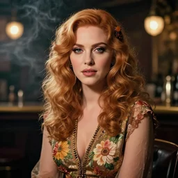 sophisticated portrait of Christina Hendricks!!!, 1960s flower power hippy, very smoky Paris bar, elegance, highly detailed, shallow depth of field, Artstation, Artgerm, Donato Giancola and Joseph Christian Leyendecker
