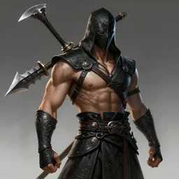 masked male assassin with a oversized shuriken by wlop, wuxia, xianxia, weathered skin, athletic, black leather armor, oversized shuriken, detailed, realistic, anatomically accurate, fantasy illustration, artstation, wlop, wang liang.