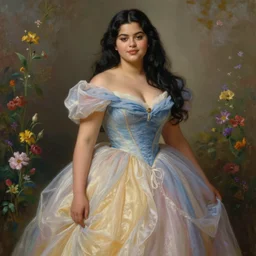 beautiful thirty year old woman with long black hair, tan skin, curvy hourglass figure, round cute face, slight resemblance to selena gomez wearing a modest colorful disney princess gown in a field of flowers. beautiful painting by artgerm and greg rutkowski and bouguereau