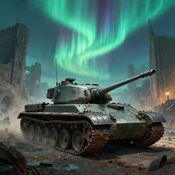 tank at war, in the ancient abandoned city epic scene, volumetric lighting futuristic, intricate, highly detailed, digital painting, artstation, concept art, cinematic, smooth, sharp focus, illustration, aurora borealis, unreal engine 5, 8 k, art by artgerm and greg rutkowski and alphonse mucha
