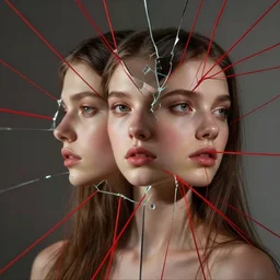 concept art, a a beautiful girl's face in a broken reflection of red threads, realistic shaded lighting poster by ilya kuvshinov, magali villeneuve, artgerm, jeremy lipkin and michael garmash and rob rey