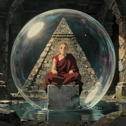 pov hyperrealist, dull colors, interior shot from howls moving castle 2 0 0 4 of a monk perched on a grey cube inside a cubic bubble in a flooded stonehenge pyramid. bubble.