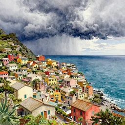 a watercolor painting of a landscape panorama of a cozy seaside village with a menacing storm cloud on the ocean horizon, highly detailed, masterpiece, vivid colors, by anthony micallef by camille rose garcia,