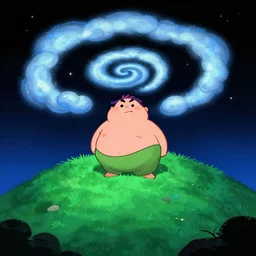 night chubby cartoon concept art, grass spiral mountain landscape, from sam and max, black blue green, spiral clouds