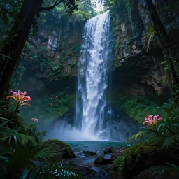 deep jungle cave waterfall magic night blooming, volumetric lighting, rtx on, an award winning digital render, beautiful, ultradetailed, great composition, depth of field