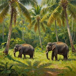 sri lankan landscape, coconut trees, elephants, volumetric lighting, volumetric shadows, photorealistic, nature photography, realistic oil painting by tomas sanchez and grey rutkowski - h 7 6 8