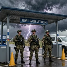 private military company operatives standing outside immigration check point with severe weather storms behind, cinematic, realistic, detailed, intricate, digital art, ambient lightning, by jordan grimmer, industrial art style, 3 5 mm film grain, artstation