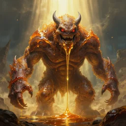 A terrifying giant monster made of honey, beautiful atmosphere, god rays, masterpiece digital painting by Alex Grey, Greg Rutkowski, 4k wallpaper
